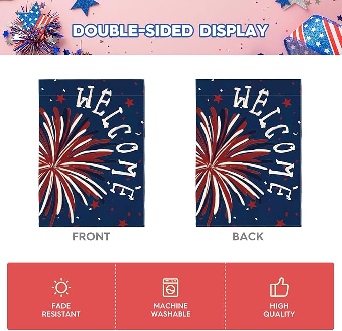 AVOIN colorlife 4th of July Patriotic Fireworks House Flag 28x40 Inch Double Sided Outside, Memorial Day Welcome Yard Outdoor Decoration