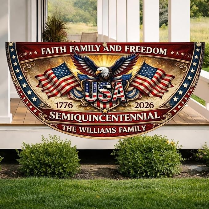 Personalized USA 250 Years of Freedom Fence Flag 1776–2026, Custom Patriotic Eagle Semicircle Banner Gift for Family, America 4th of July Outdoor Yard Decor, 250 Years Anniversary Banner