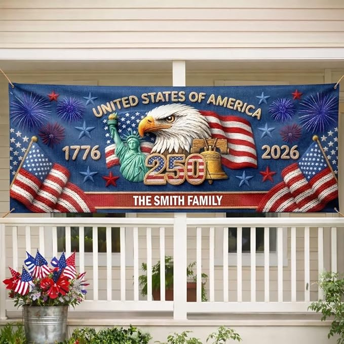 America 250 Banner Custom Family Name American Heritage Display Flag 71x24 Inches Polyester - 250 Anniversary USA Banner Outdoor Indoor