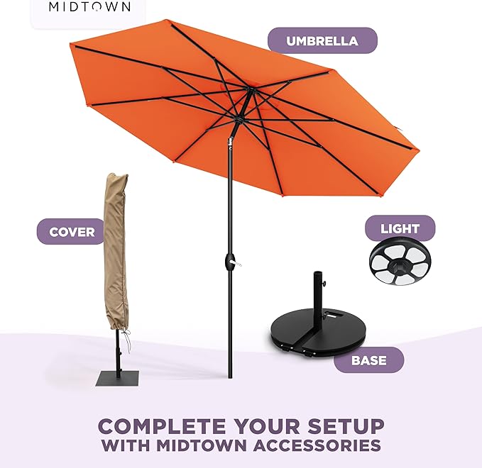 Midtown Umbrellas - 10-Year-No-Fade 9 Ft Patio Umbrella with Terylast Fabric, Auto-Tilt Aluminum Frame and 8 Reinforced Ribs for Deck, Pool, Garden & Beach - Tangerine Canopy, Black Pole