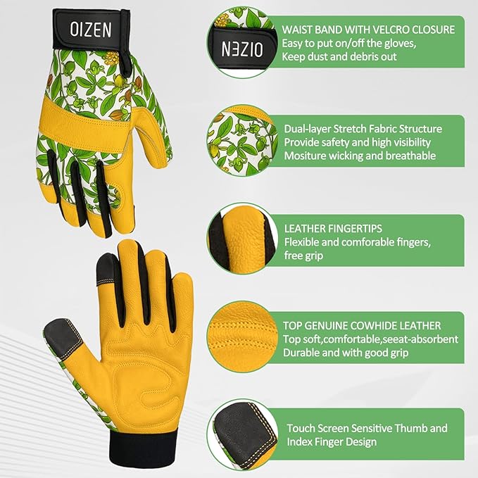 Cowhide Leather Thorn Proof & Puncture Resistant Gardening Gloves for Women, Touchscreen Compatible Working Gloves for Weeding, Digging, Planting, Gardening Gifts for Women (Green bellflowers, Medium)