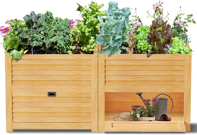 DoCred Wooden Raised Bed Garden with Storage Box, 34" x 18" x 30" Elevated Large Planter Box for Herbs, Vegetables, Flowers Backyard Patio Gardening Balcony