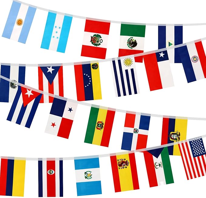 NOVWANG 100pcs Latin America Flags, 4 Set 22 Countries String Flags Spanish Speaking Country Flags Banners Bunting for Hispanic Heritage Month National Hispanic Events Sports Bars(105Ft)