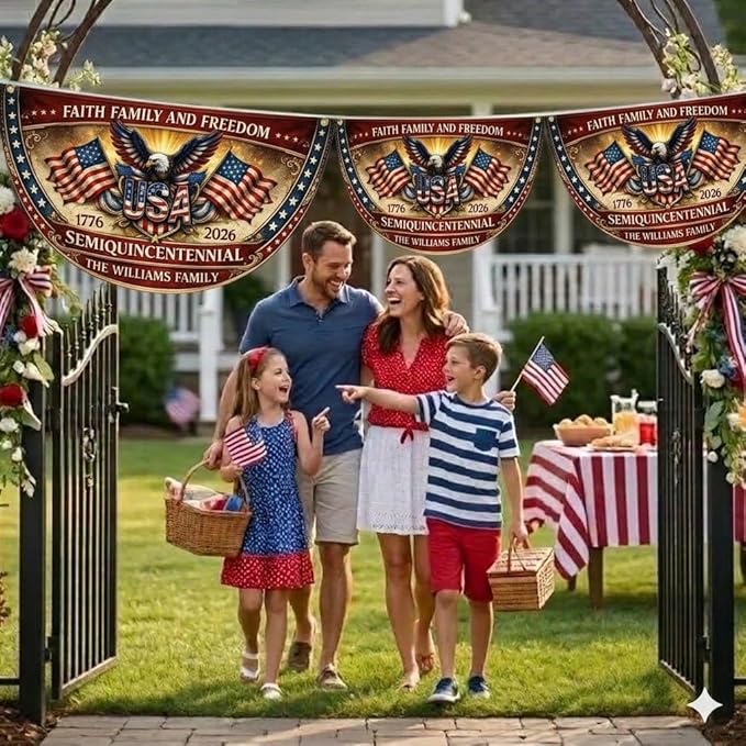Personalized USA 250 Years of Freedom Fence Flag 1776–2026, Custom Patriotic Eagle Semicircle Banner Gift for Family, America 4th of July Outdoor Yard Decor, 250 Years Anniversary Banner