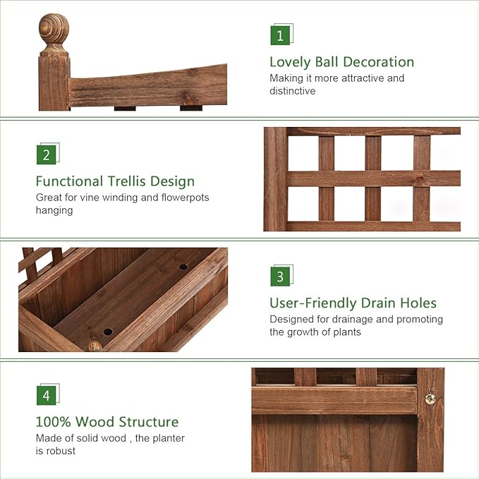 Giantex Wood Planter Free Standing Plant Raised Bed with Trellis for Garden or Yard (25’"Lx11 Wx30 H)