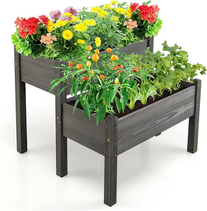 S AFSTAR Raised Garden Bed Set of 2, Wood Elevated Planter Beds with 8 Drainage Holes & 2 Planter Boxes, 3.5 Cu.Ft Outdoor Planting Container for Flowers Vegetables Herbs