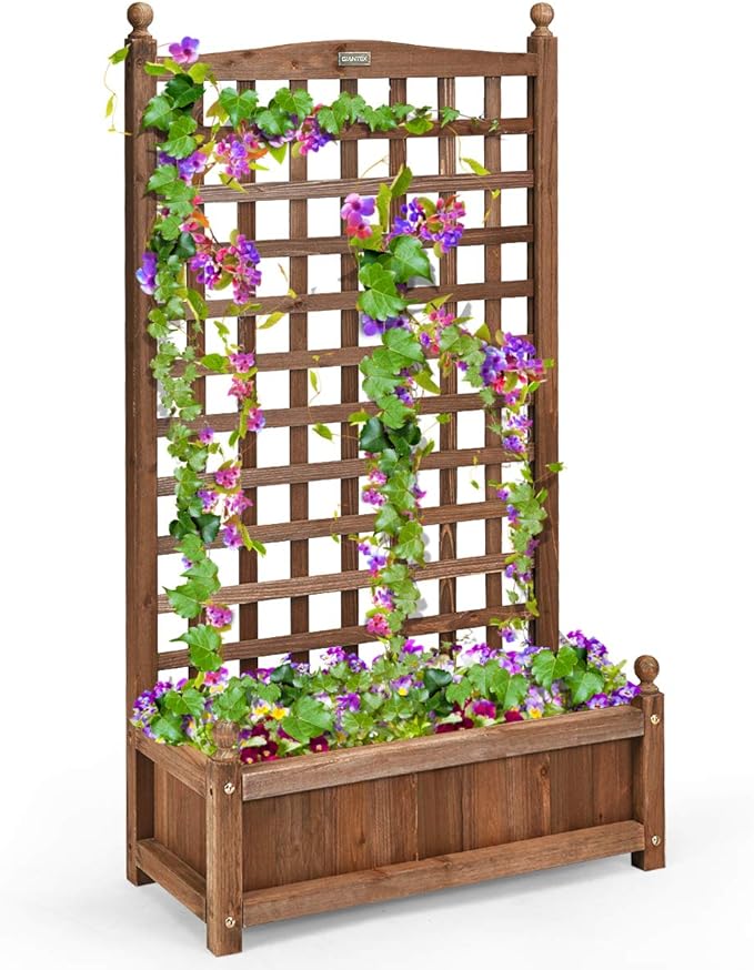 Giantex Set of 2 Wood Planter Free Standing Plant Raised Bed with Trellis for Garden or Yard (11" D X 25" W X 48" H)