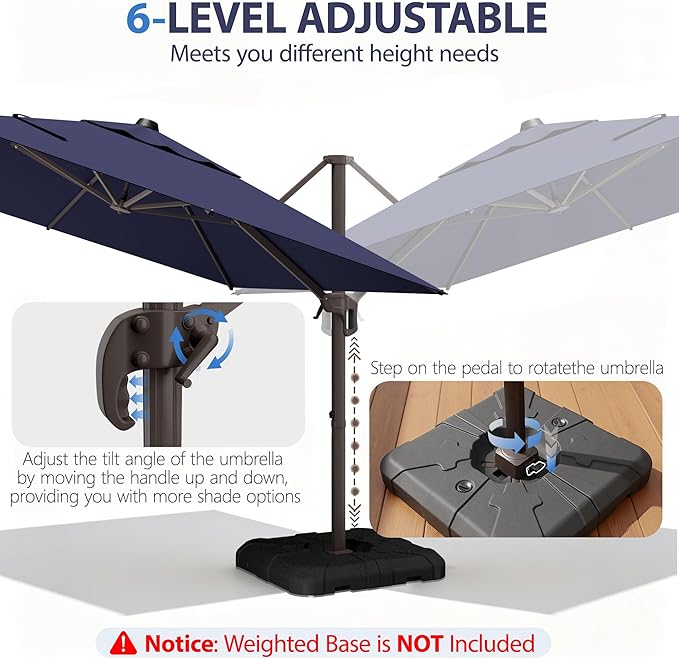 9' X 12' Cantilever Patio Umbrella Rectangle Outdoor Umbrella with Base Included, 6-Level Tilt & 360° Rotation Offset Umbrella for Garden, Deck, Pool (Navy Blue)