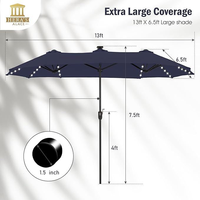 HERA'S PALACE 13ft Patio Umbrella with 120 LED Solar Lights Double Sided Outdoor Umbrella for Patio 8 Colors Changing Table Umbrella Outdoor Patio for Garden Pool