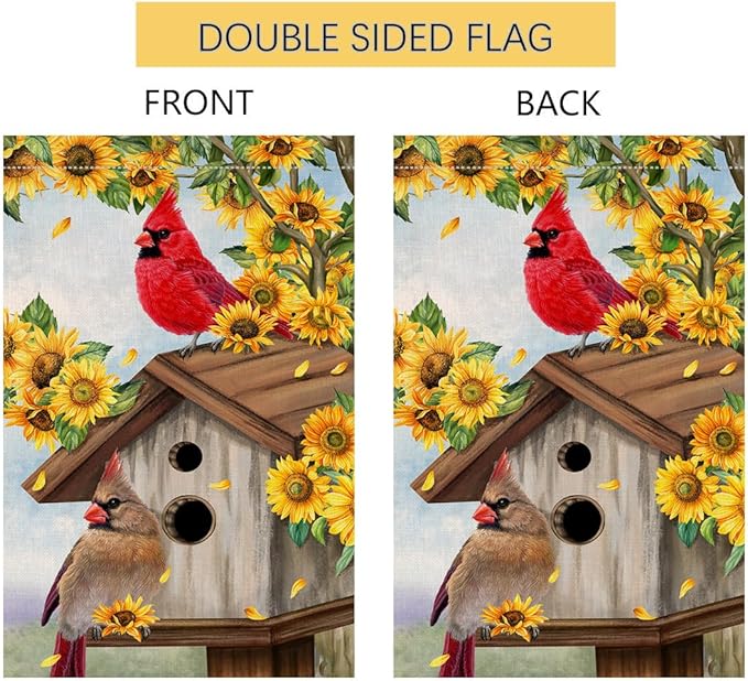 BLKWHT Summer Sunflowers Cardinal Bird Garden Flag 12x18 Vertical Double Sided Yellow Flowers Spring Farmhouse Holiday Outside Decorations Burlap Yard Flag BW815