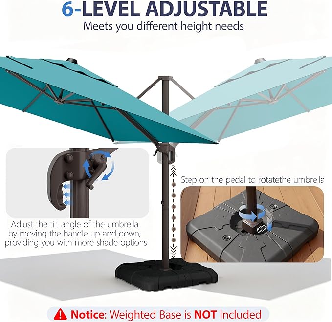 9' X 12' Cantilever Patio Umbrella Rectangle Outdoor Umbrella with Base Included, 6-Level Tilt & 360° Rotation Offset Umbrella for Garden, Deck, Pool (Turquoise)