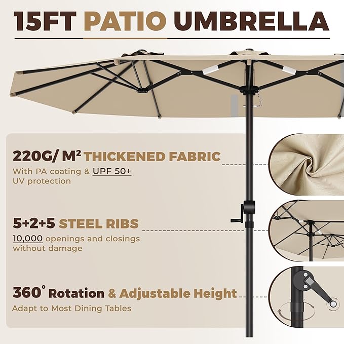 15FT Large Patio Umbrella, Outdoor Deck Standing Umbrella with Crank Handle, Double-Side Rectangular Pool Umbrella for Outside, Market, Patio, Beige (Base Not Include)