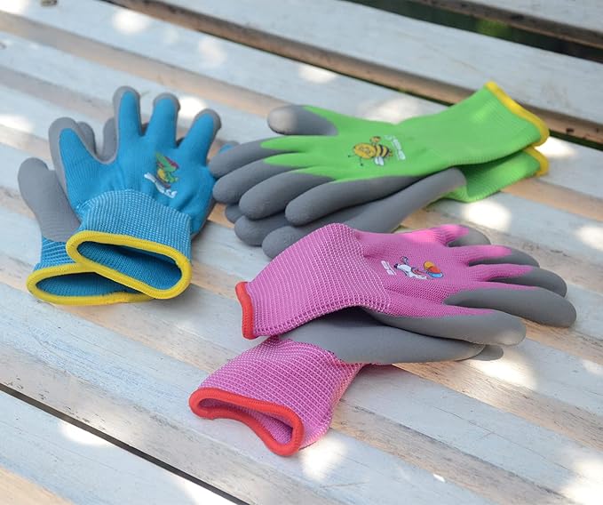 Ages 8-10 Kids Gardening Gloves,Yard Work Gloves for Toddlers, Youth, Girls, Boys, Childrens, Soft Safety Rubber Gloves (XS Age 8-10, 3 Pairs Green, Blue&Pink)