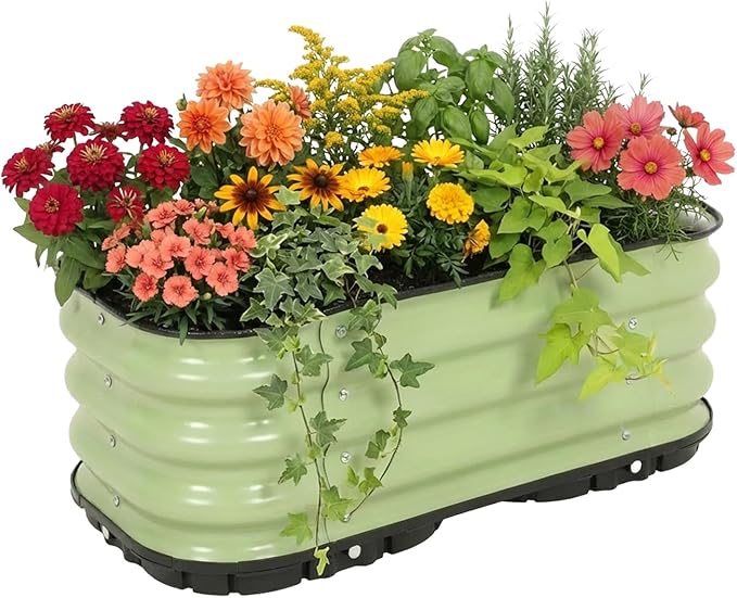 Aoodor Galvanized Raised Garden Bed 31.5'' Self-Watering Planter Box with Drainage Plug and Water Reservoir for Indoor & Outdoor Gardening, Self-Watering Pot for Balcony, Patio, Backyard, Green