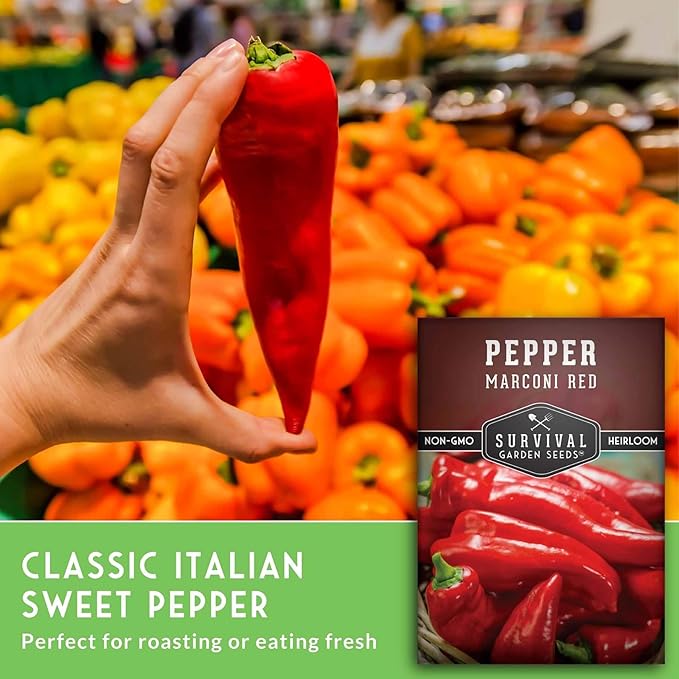Marconi Red Pepper Seeds for Planting | Sweet Italian Heirloom Non-GMO Peppers for Roasting or Eating Fresh – Survival Garden Seeds (5 Packs)