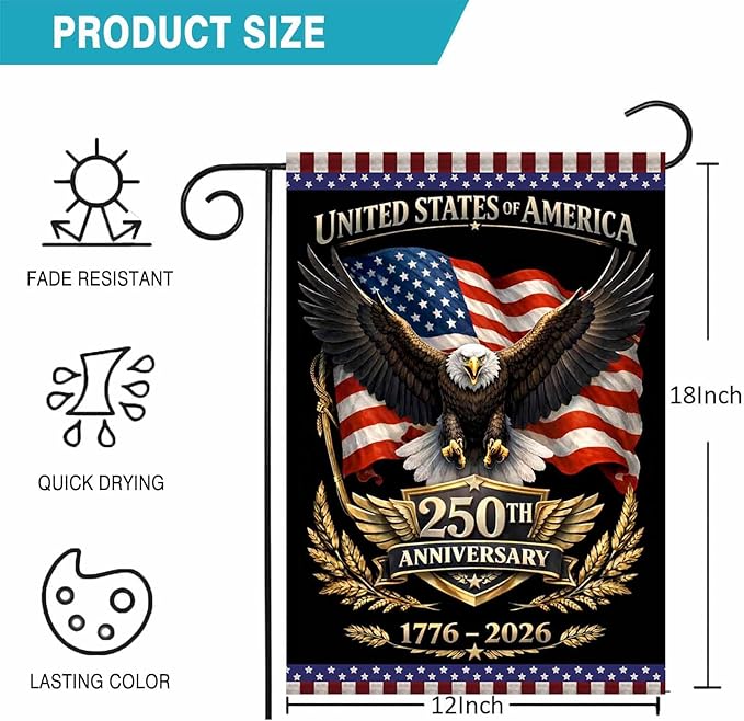 250 Years America Garden Flag,250th Anniversary USA Patriotic Flag 1776-2026 Freedom American Flag Double-Sided with Eagle Statue of Liberty Design, 12x18 Inch