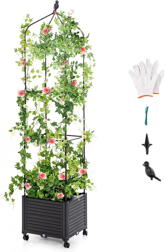 Giantex Raised Garden Bed with Tomato Cages, Obelisk & Bird Top, 10 Fasten Straps, Gloves, 83” 67” 51” Adjustable Height, Self Watering Planter Box with Wheels & Trellis for Climbing Plants
