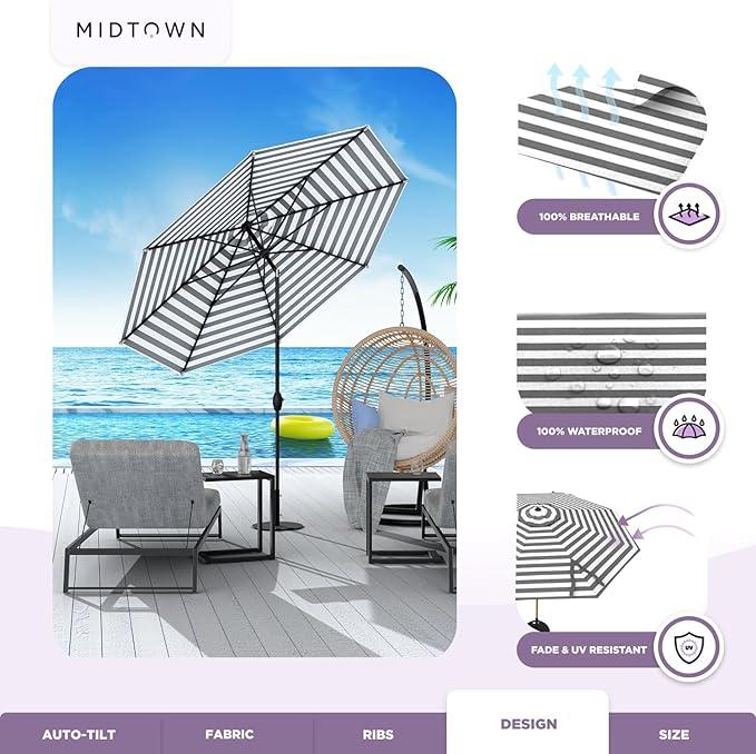 Midtown Umbrellas - 10-Year-No-Fade 6 Ft Patio Umbrella with Terylast Fabric, Auto-Tilt Aluminum Frame and 8 Reinforced Ribs for Deck, Pool, Garden & Beach - Grey/White Stripes Canopy, Black Pole