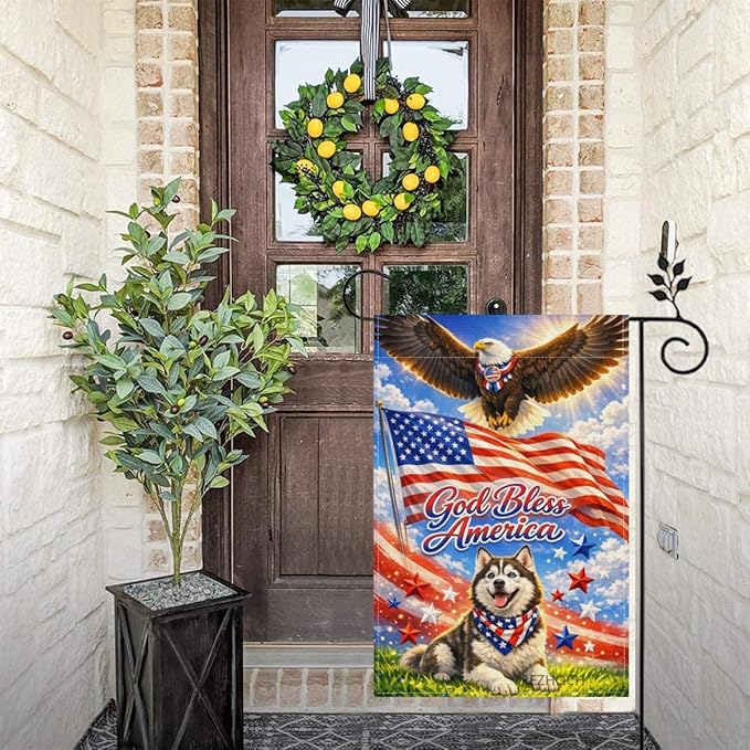 Patriotic Husky Garden Flag 12x18 Inch,American Independence Day Outdoor Yard USA Flag Funny Animal,Red White Blue 4th of July Lawn Porch Double Sided Outside Decor