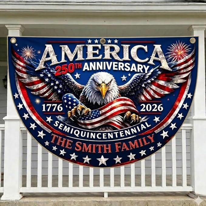Custom Family Name 250th Anniversary Bunting Flag, Personalized America Birthday 1776 2026 Patriotic Outdoor Banner, July 4th Independence Porch Decor, Semicircle Fence Sign