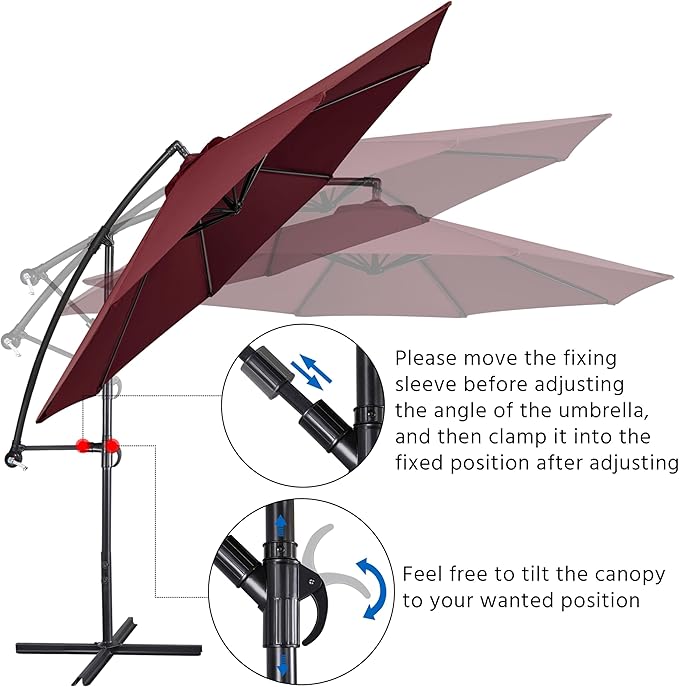 Yaheetech 10FT Patio Offset Umbrella - Cantilever Hanging Outdoor Umbrellas w/UV Protection & 8 Ribs & Handy Crank & Cross Base for Market/Garden/Lawn/Deck/Backyard/Pool - Burgundy