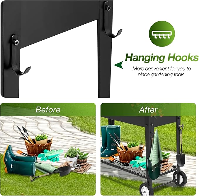 GARFANS Raised Garden Bed, Metal Raised Planter Box Outdoor with Legs, 2 Wheels and Shelf, Elevated Garden Bed Box for Vegetable Indoor Herb Flower Backyard Patio, 40" L x 16" W x 31.5" H
