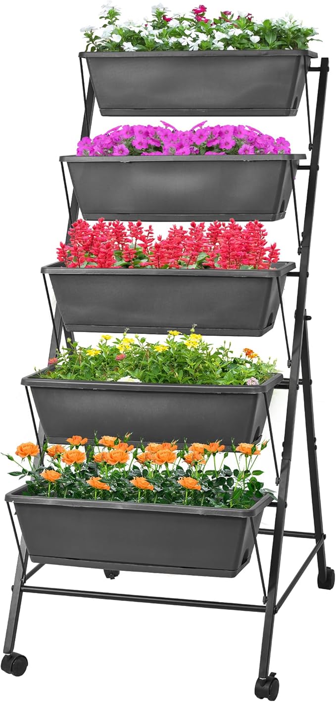 GENMOUS 5 Tier Raised Garden Bed Tall 45FT Vertical Elevated Garden Planter Standing Garden Bed Planter Box with Drainage Holes Removable Tray Outdoor Herb Planter Stand on Patio Balcony Porch Black