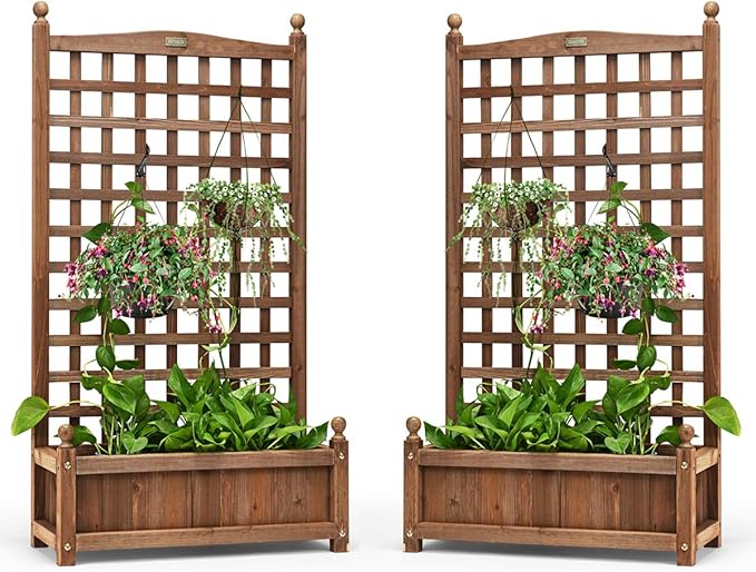 Giantex Set of 2 Wood Planter Free Standing Plant Raised Bed with Trellis for Garden or Yard (11" D X 25" W X 48" H)