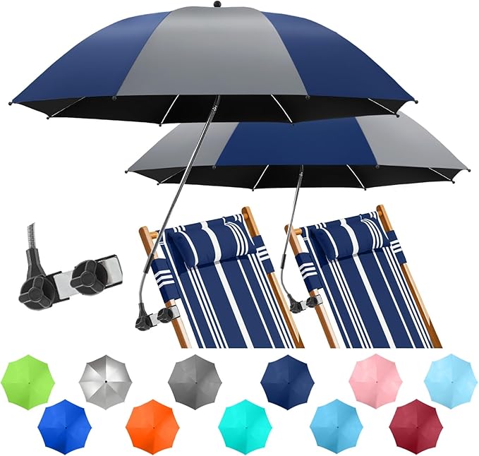 2 Pack Beach Umbrella with 360 Universal Clamp, UPF50+ Umbrella Outdoor Patio Sun Protection for Chairs, Beach &Patio Use (Not Include Chair)