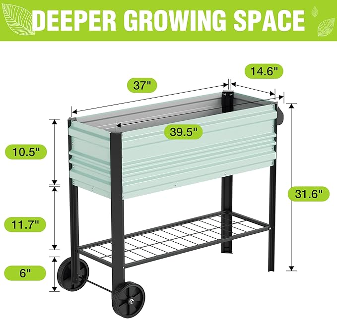 WORKPRO Galvanized Raised Garden Bed with Legs & Wheels, 37x14.6x31.6in, 400LB Capacity Elevated Planter Box for Garden, Backyard, Patio & Deck, Light Green