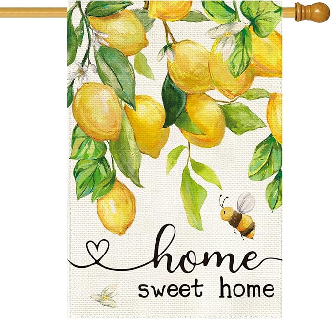 Baccessor Lemon House Flag Summer Bee Floral Home Sweet Home Large Yard Flag 28 X 40 Inch Double Sided Burlap Welcome Flag for Outside Outdoor Porch Decor