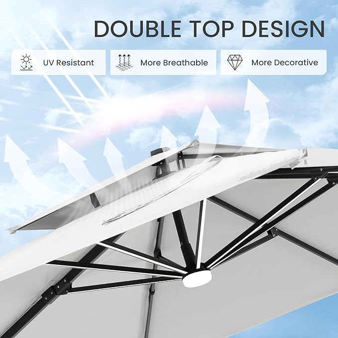 10x10 FT Cantilever Patio Umbrella with Base and Led Lights Double Top Outdoor Square Large Heavy Duty Aluminum Offset Umbrellas with 7 Level Tilt 360-degree Rotation for Pool Garden Deck, Fog Grey