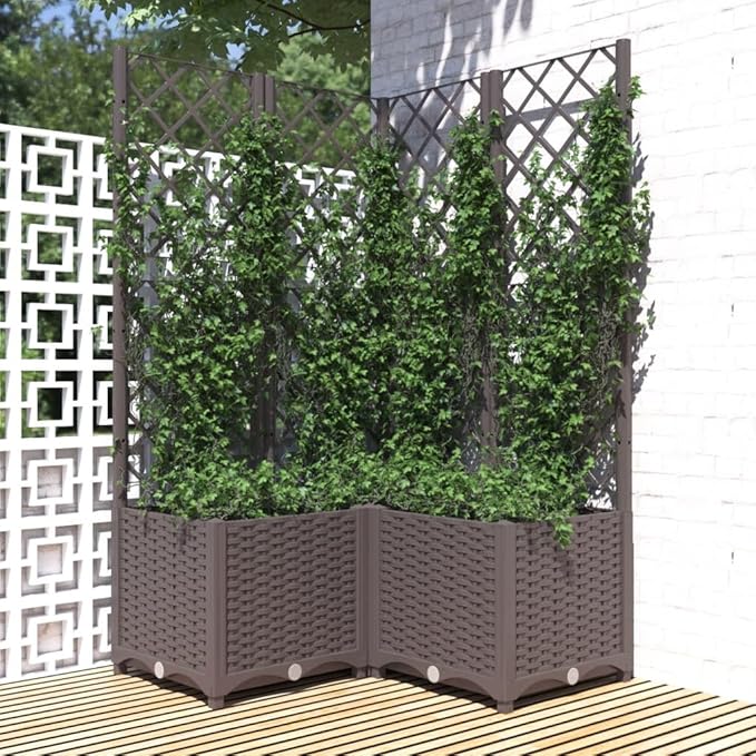 Raised Garden Bed with Trellis Brown 31.5"x31.5"x53.5" PP Outdoor Planter Box for Vegetables, Flowers, Climbing Plants, Raised Flower Bed, Garden Raised Bed for Patio, Balcony and Garden