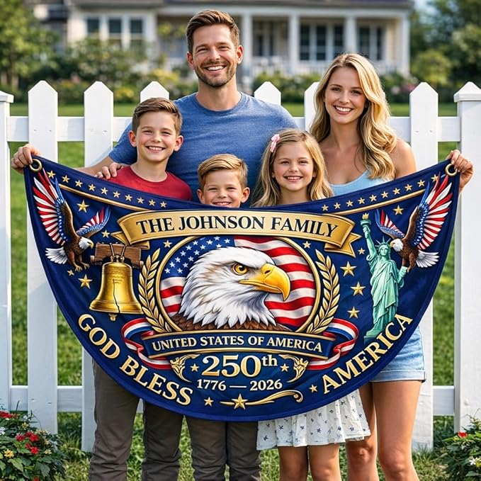 Personalized 250th Semiquincentennial Bunting Flag, Custom Family Name USA 250th Anniversary Flag, America 1776 2026 Banner, USA 250 Years Outdoor Decor, Patriotic Gift for Family
