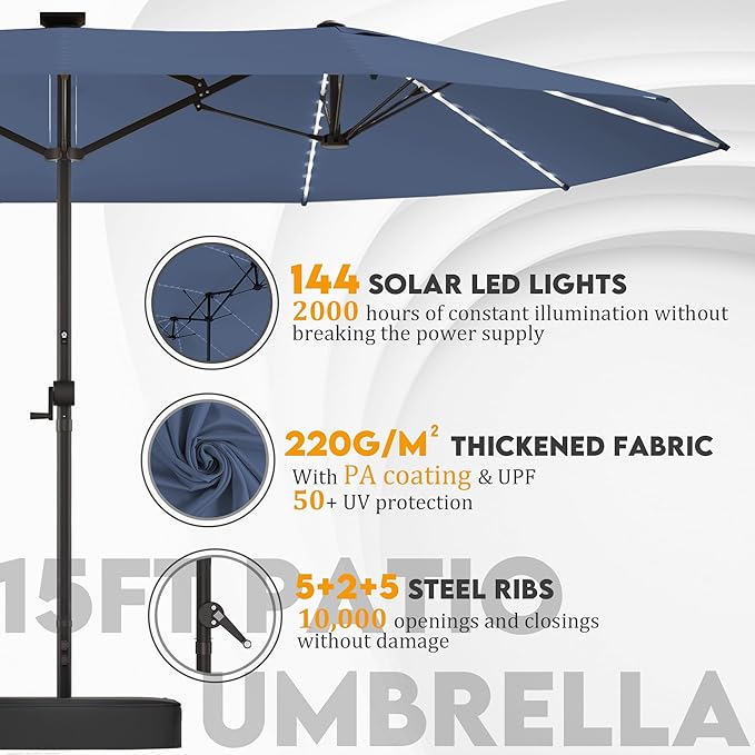15ft Large Patio Umbrella with Solar Lights, Outdoor Double-Side Rectangular Umbrella with Base Included, Backyard Pool Umbrella with LED Light for Deck, Outside, Market, Navy