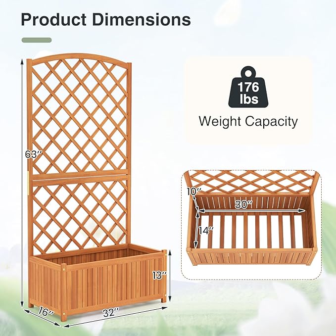 S AFSTAR Wooden Raised Garden Bed with Trellis, 63" Tall Planter Box with Drainage for Vines Climbing Plants Flowers Herbs, Elevated Gardening Planter for Backyard, Balcony & Patio