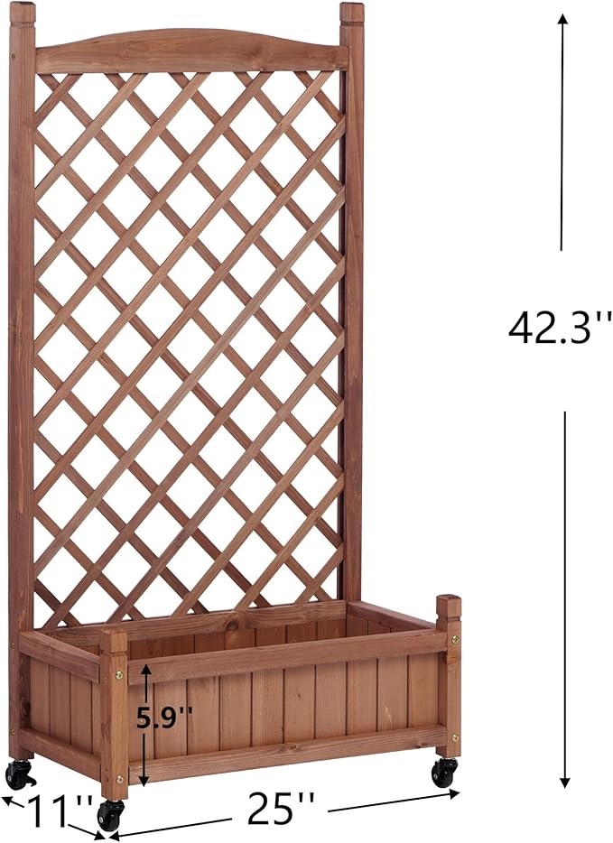 2-Pack Elevated Wooden Planter Boxes with Trellis & Wheels – Outdoor Raised Garden Beds for Climbing Plants, Vegetables & Flowers – Easy Assembly & Drainage, 11x25x42.3 Inch