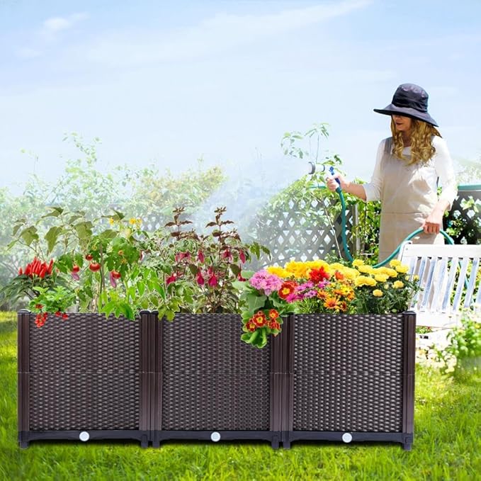 Emalie Deep Raised Garden Beds Large Plastic Planter Box with Drainage Plugs for Veggies Flowers Herbs Deep Root Plants Growing, 47.2" Lx15.7 Wx16.9 H Brown