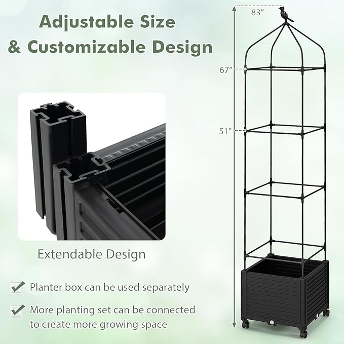 Giantex Raised Garden Bed with Tomato Cages, Obelisk & Bird Top, 10 Fasten Straps, Gloves, 83” 67” 51” Adjustable Height, Self Watering Planter Box with Wheels & Trellis for Climbing Plants
