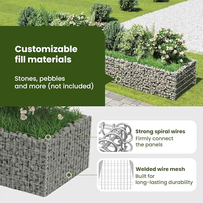 vidaXL Gabion Raised Bed - Durable Galvanized Steel Garden Planter/Flower Bed - Weather- Outdoor Planter with High Load Capacity - 177.2"x35.4"x19.7"