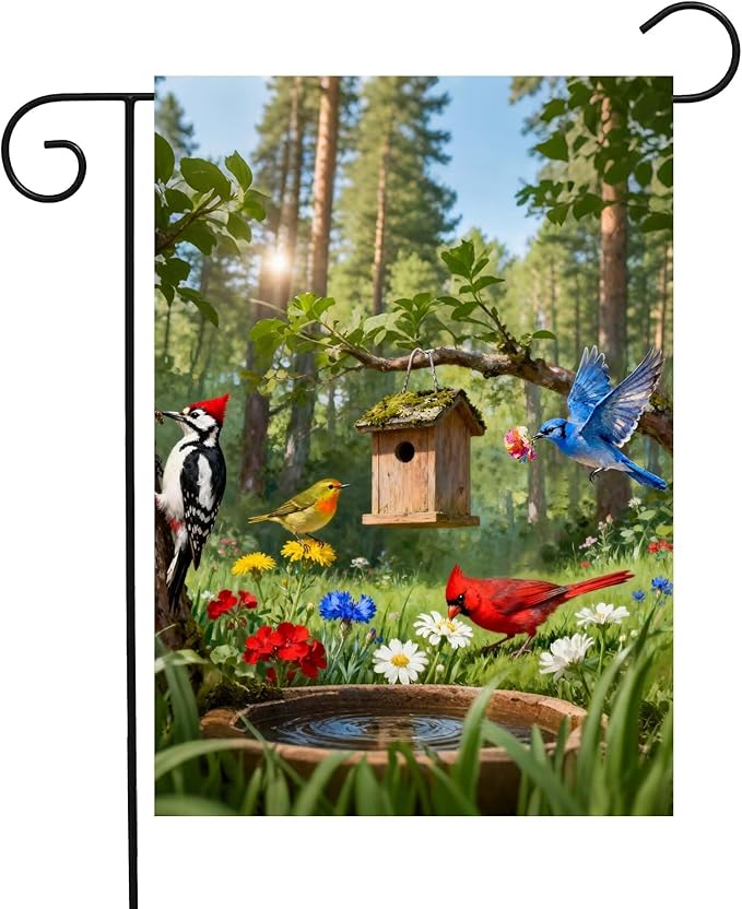 Birdhouse Cardinal Woodpecker Blue Bird with Flowers Lush Woodland Pool Garden Yard Flag 12"x 18" Double Sided Polyester Welcome House Flag Banners for Patio Lawn Outdoor Home Decor