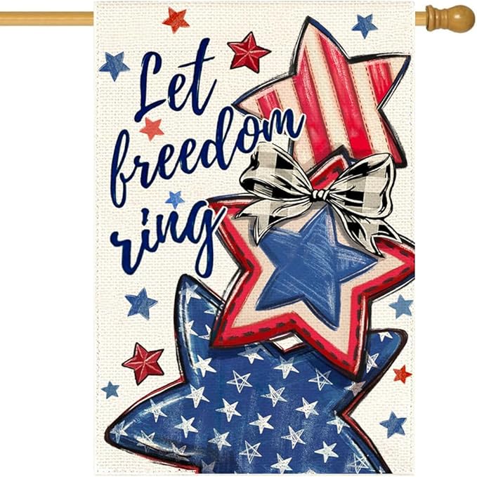 Let Freedom Ring Patriotic House Flag 28x40 Inch Double Sided – Watercolor Stars Red White Blue Heavy Polyester Outdoor Yard Decor for 4th of July, Memorial Day, & Veterans Day