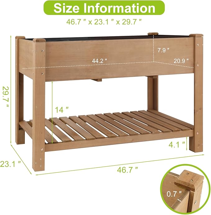 Raised Garden Bed with Legs - Elevated Wooden Planter Box, Durable Fir Wood, Reinforced Frame with Drainage Holes, Liner, and Storage Shelf for Vegetables, Herbs, Flowers, 47" x 23" x 30"