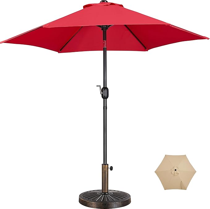 Yaheetech 7.5FT Patio Umbrella Outdoor with Heavy Duty Base Included,Table Umbrella with Push Button Tilt and Crank, UV Protection Waterproof for Yard/Outdoor/Wedding Parties and Events - Red
