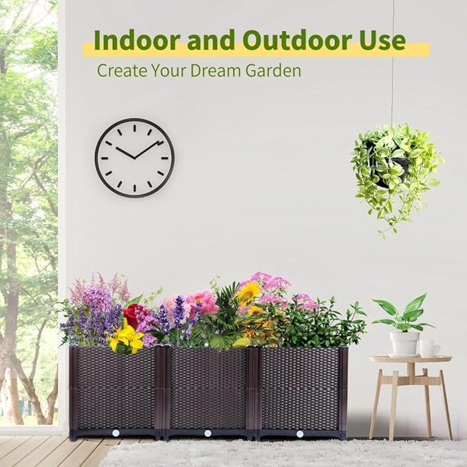 Emalie Deep Raised Garden Beds Large Plastic Planter Box with Drainage Plugs for Veggies Flowers Herbs Deep Root Plants Growing, 47.2" Lx15.7 Wx16.9 H Brown