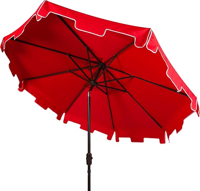 SAFAVIEH 9ft Outdoor Patio Umbrella, Round, Zimmerman Collection, Red & White Trim, Button Tilt, UV Resistant for Deck, Backyard, Poolside (PAT8000J)