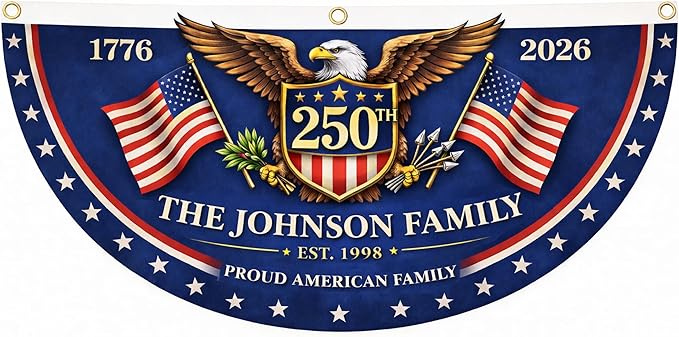 Personalized Patriotic Bunting Flag with Custom Family Name and Year – 250th Anniversary USA Patriotic Bunting Banner – 4th of July Porch Decor American Flag Bunting