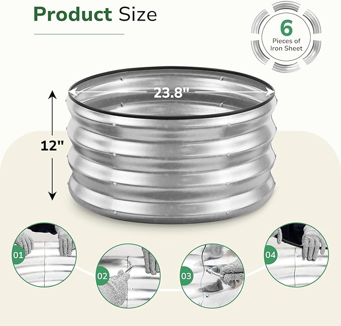 GreatBuddy 2x2x1 ft Round Galvanized Raised Garden Bed, Easy-Assembly Raised Bed with Anti-Cut Gloves & Tools, Rust-Proof Garden Bed for Outdoor, Vegetables, Herbs, Small Trees, Silver