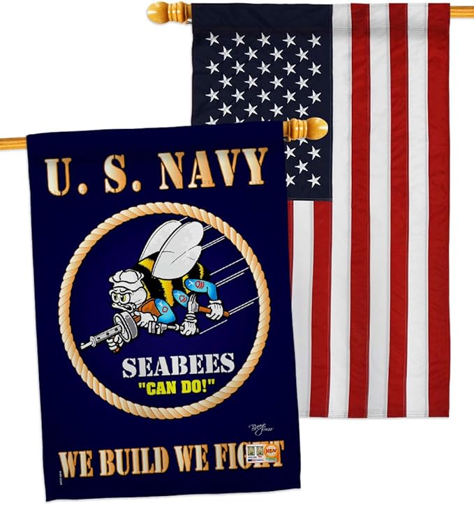 Sea Bees House Flag - Pack Armed Forces Navy USN Seabee United State American Military Veteran Retire Official USA Embroidery - Decoration Banner Small Garden Yard Gift Double-Sided Made In 28 X 40