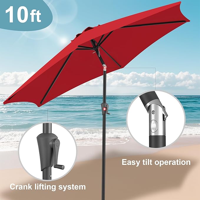 FLAME&SHADE 10ft Patio Umbrella - Outdoor Umbrella with 6 Sturdy Ribs, Push Button Tilt and Crank, UV Protection Table Market Umbrella for Pool, Porch，Garden, Deck, Backyard (Red)